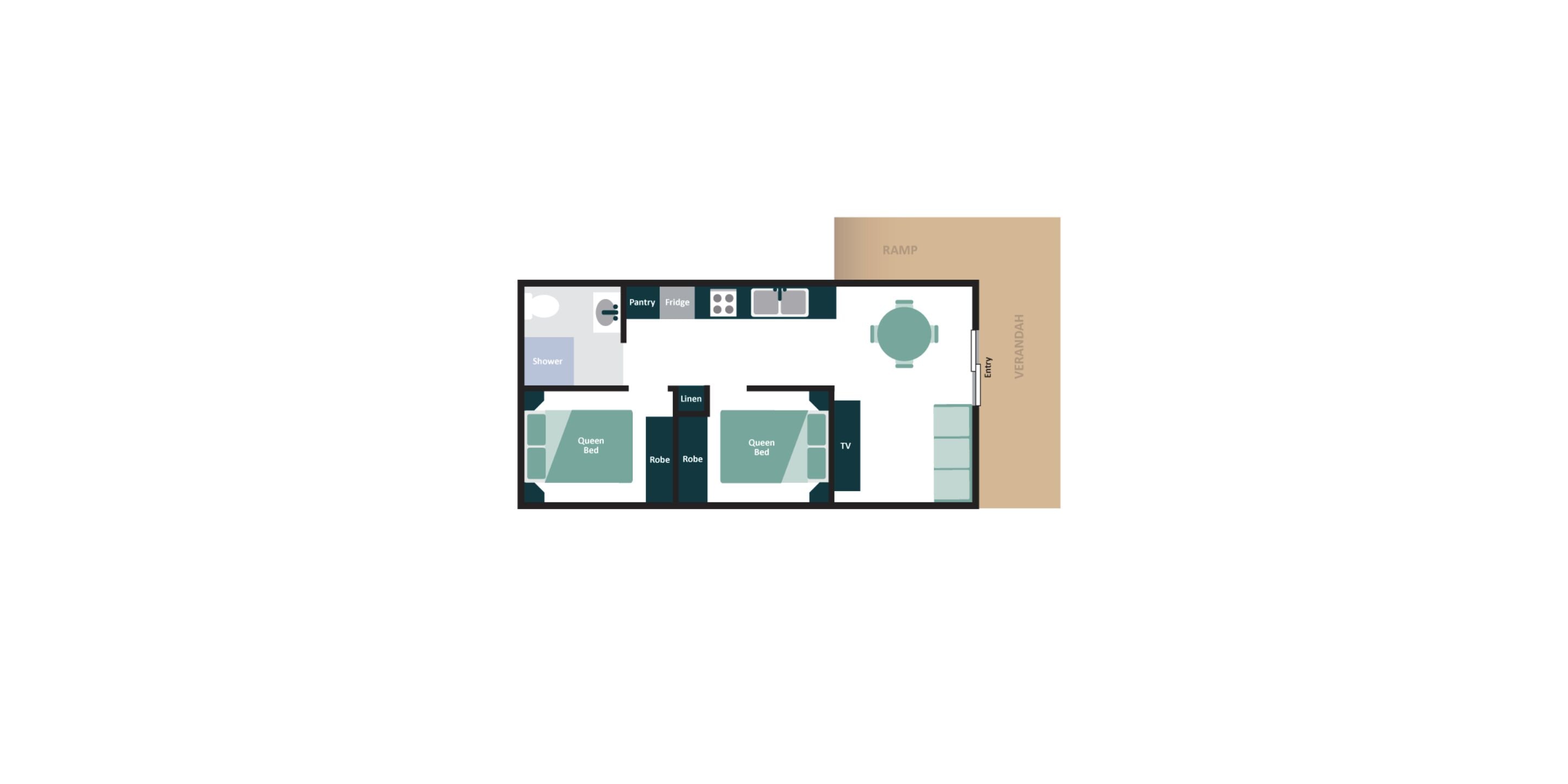 Plan d’un étage d’une chambre d’hôtel comprenant un lit queen-size, un lit simple, une télévision, une armoire, une salle de bain avec douche, un réfrigérateur, un garde-manger et une rampe d’accès pour les personnes à mobilité réduite.