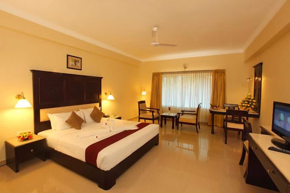A hotel room with a bed, desk, chairs, a television, and a ceiling fan.