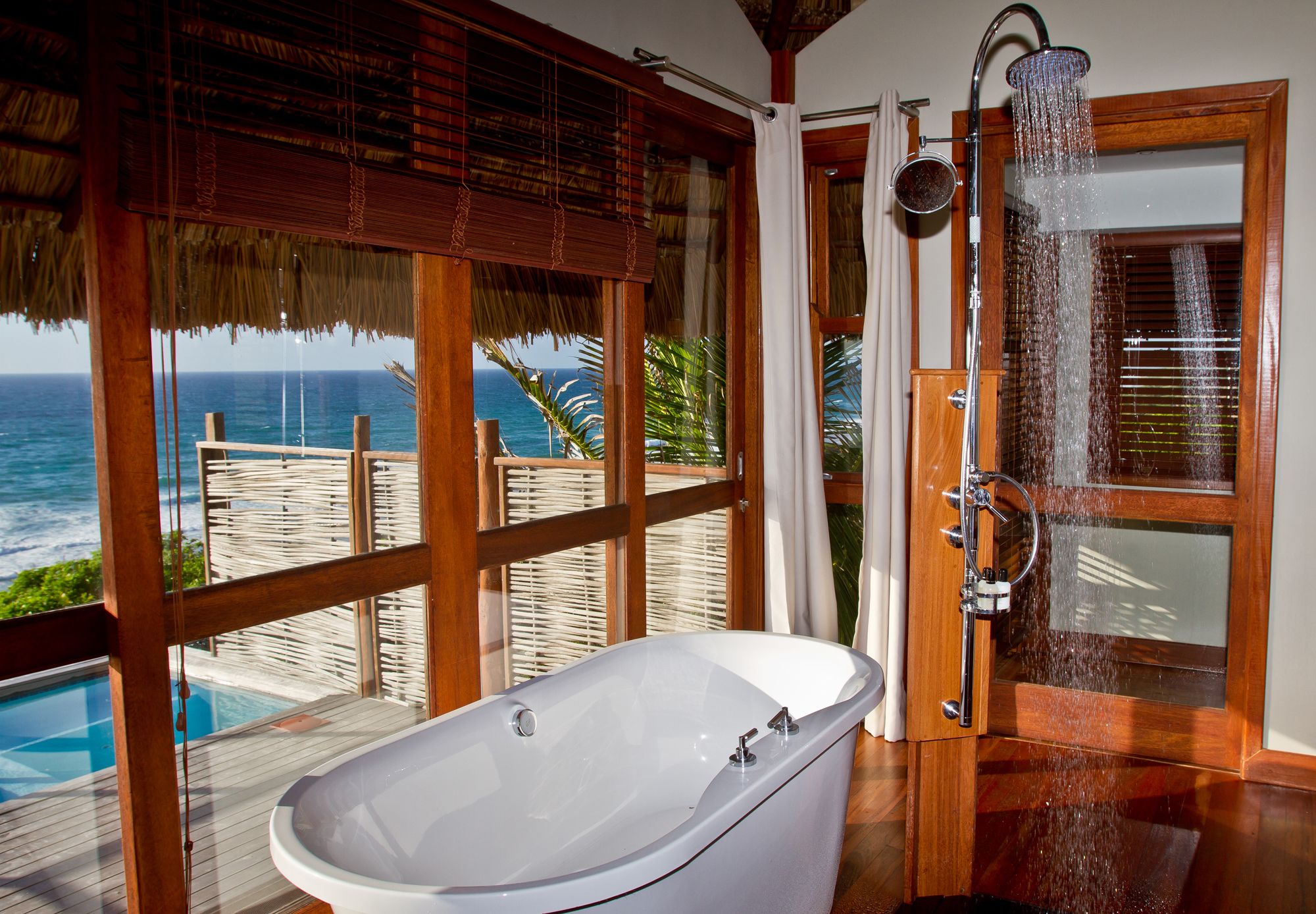 A bathroom with a bathtub, shower, and a view of the ocean.