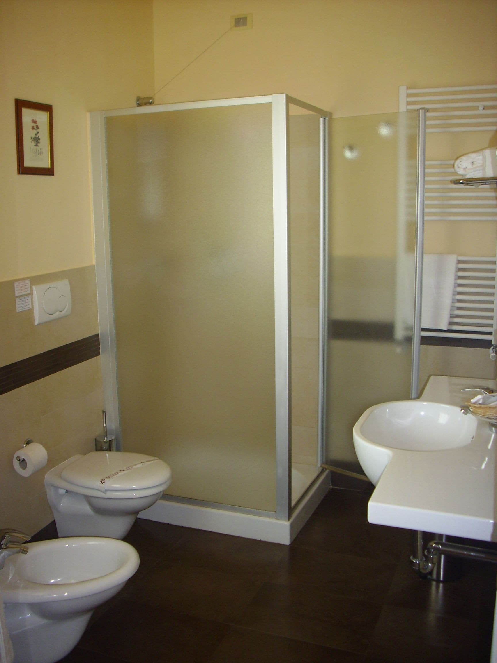 A bathroom with a glass-enclosed shower, a toilet, a bidet, and a sink with a mirror.