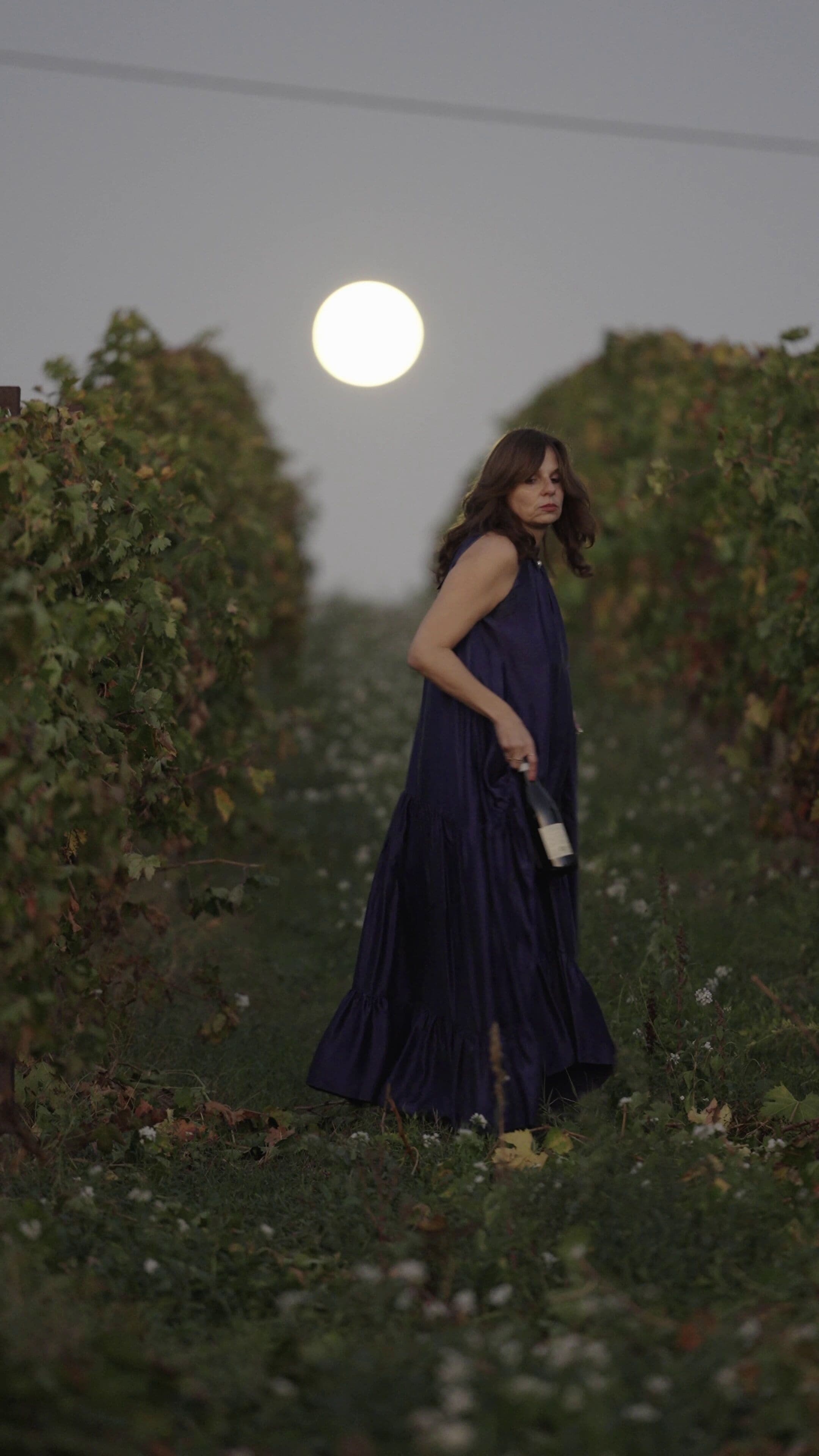 Una persona con un vestido largo y oscuro parada en un viñedo, sosteniendo una botella.