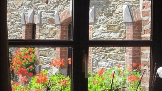 A window with a stone wall and a view of red flowers. - Hôtel Saint Martin (Gouvy)