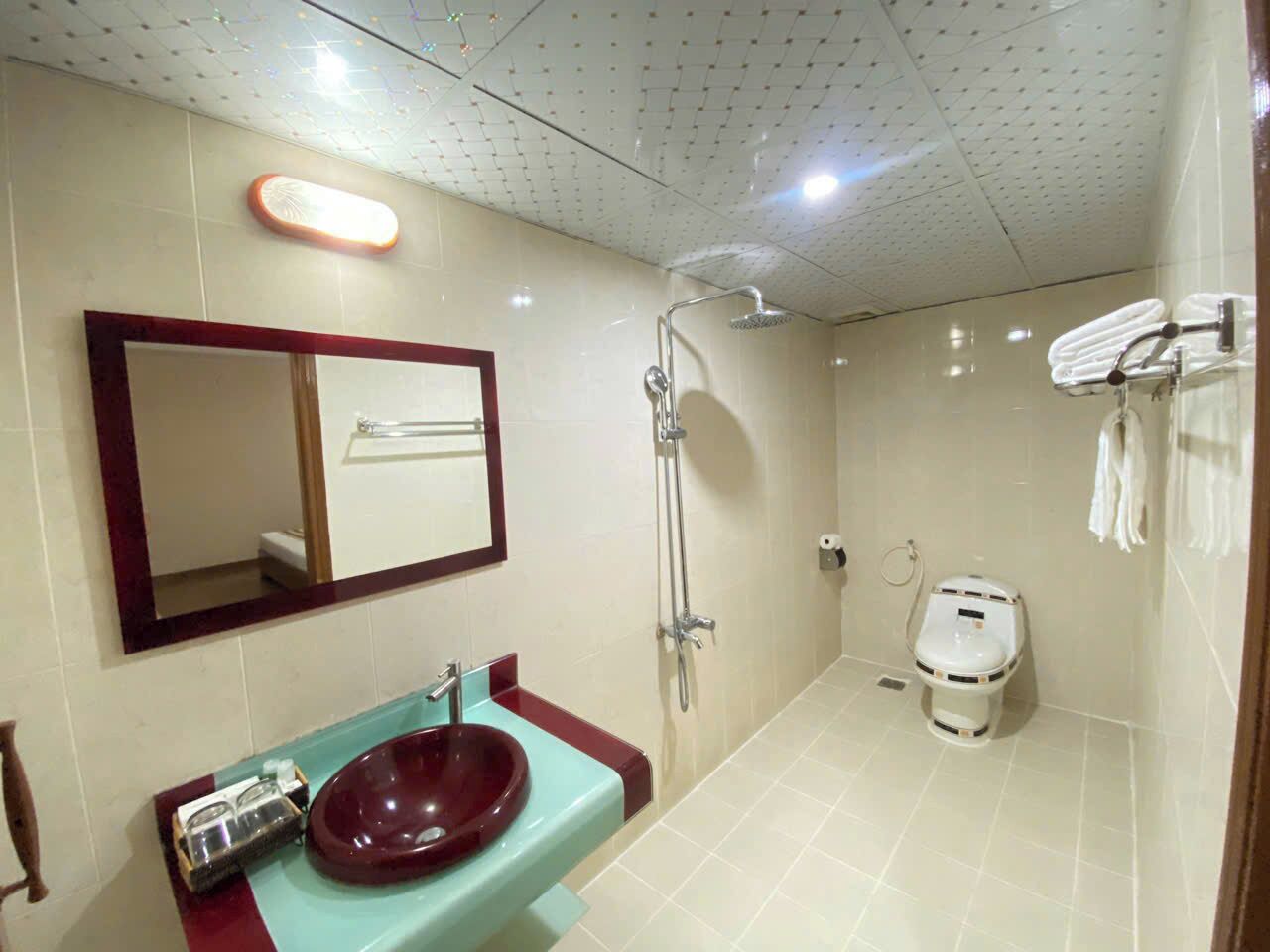 A bathroom with a marble sink, a shower, a toilet, and a mirror.