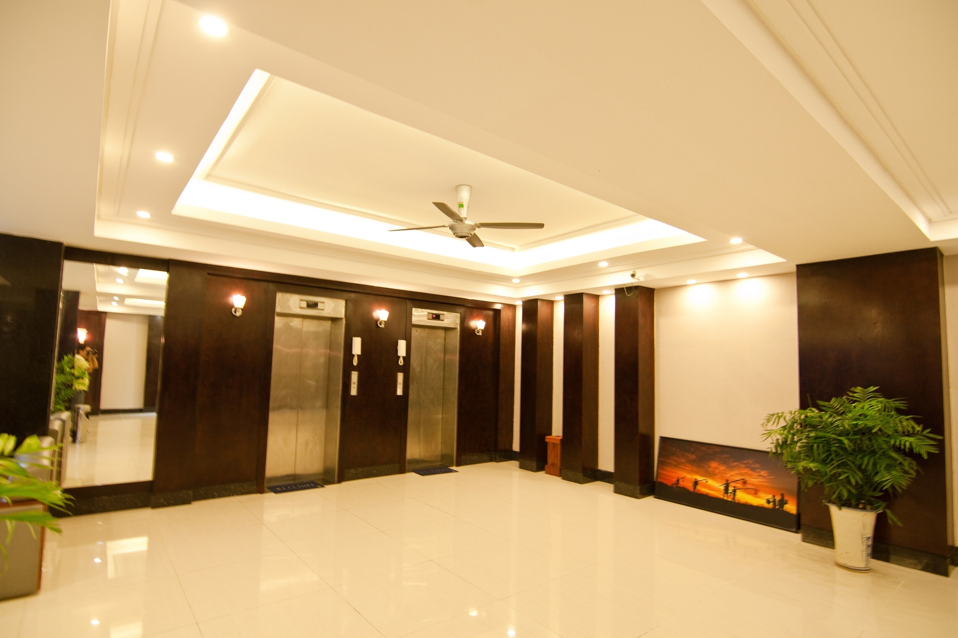 A modern lobby with a ceiling fan, elevators, a large potted plant, and a wall-mounted painting.