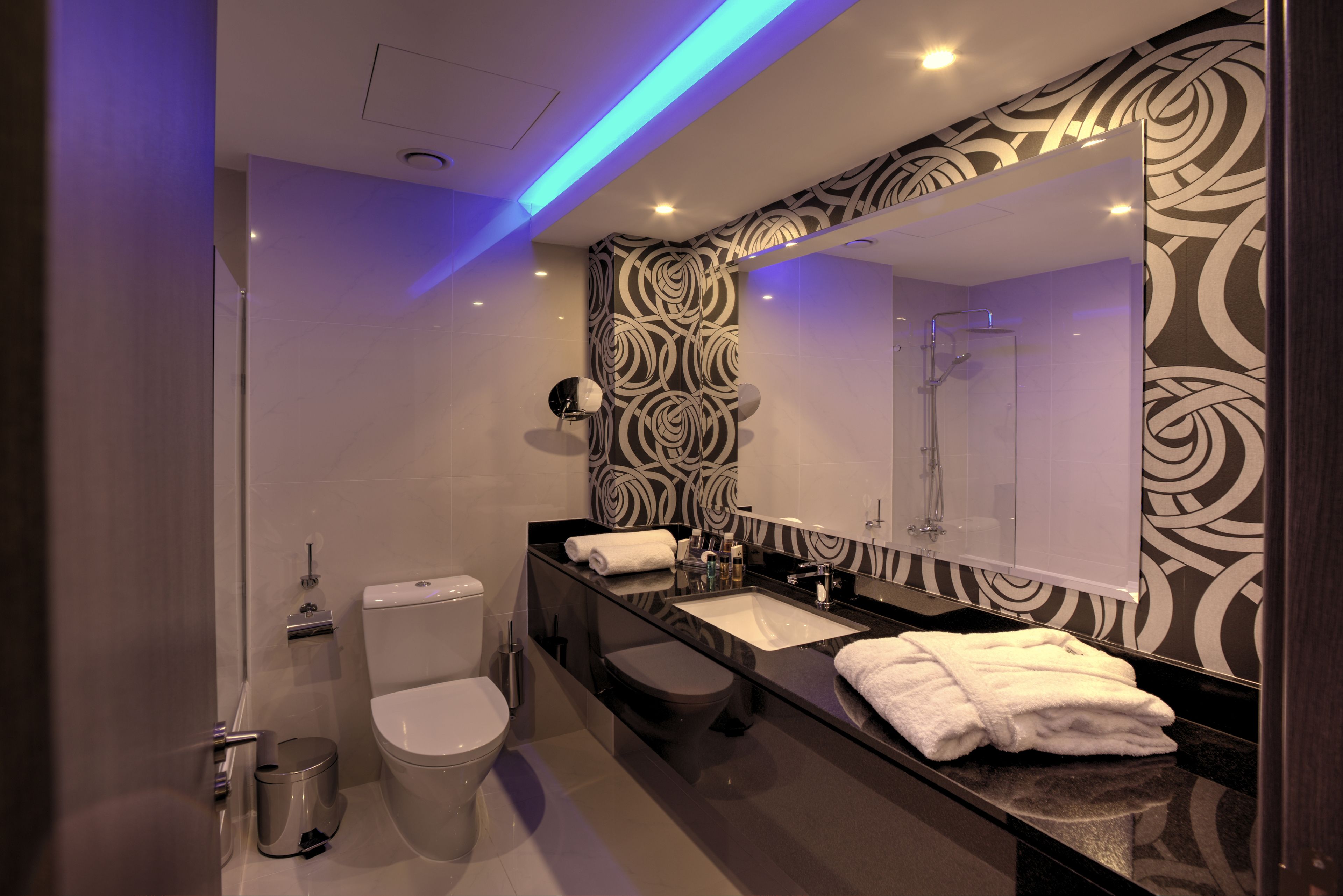 combined shower/bathtub, free toiletries, hair dryer, bathrobes