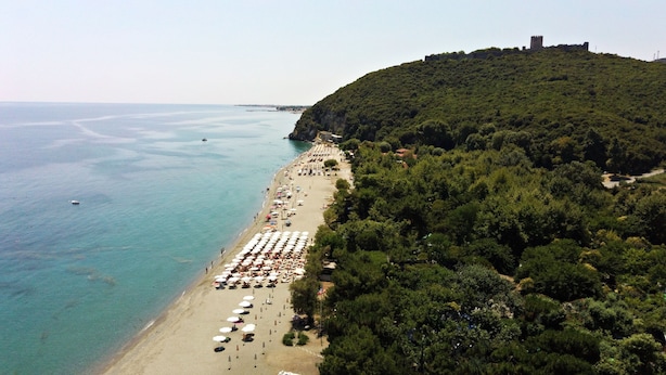 A beach with rows of umbrellas and sun loungers, a clear view of the sea, and a hill with a castle-like structure. - Studios & Apartments Efrosini (Dio-Olympos)