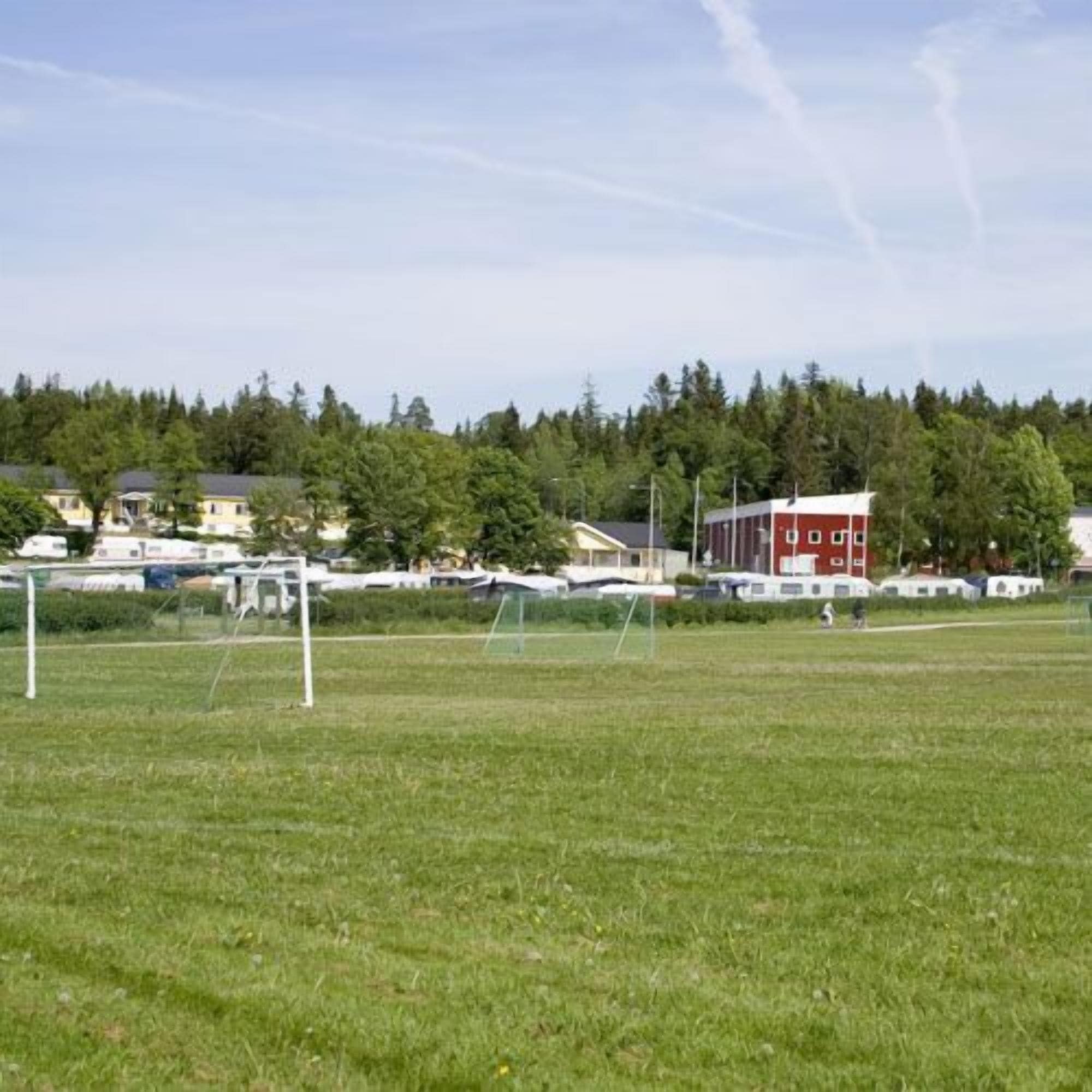 Un campo cubierto de césped con porterías de fútbol, rodeado de casas y árboles.