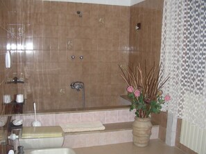 A bathroom with a bathtub, a sink, and a toilet. There is a vase with flowers on the counter. - Agriturismo Da Paola (Manciano)