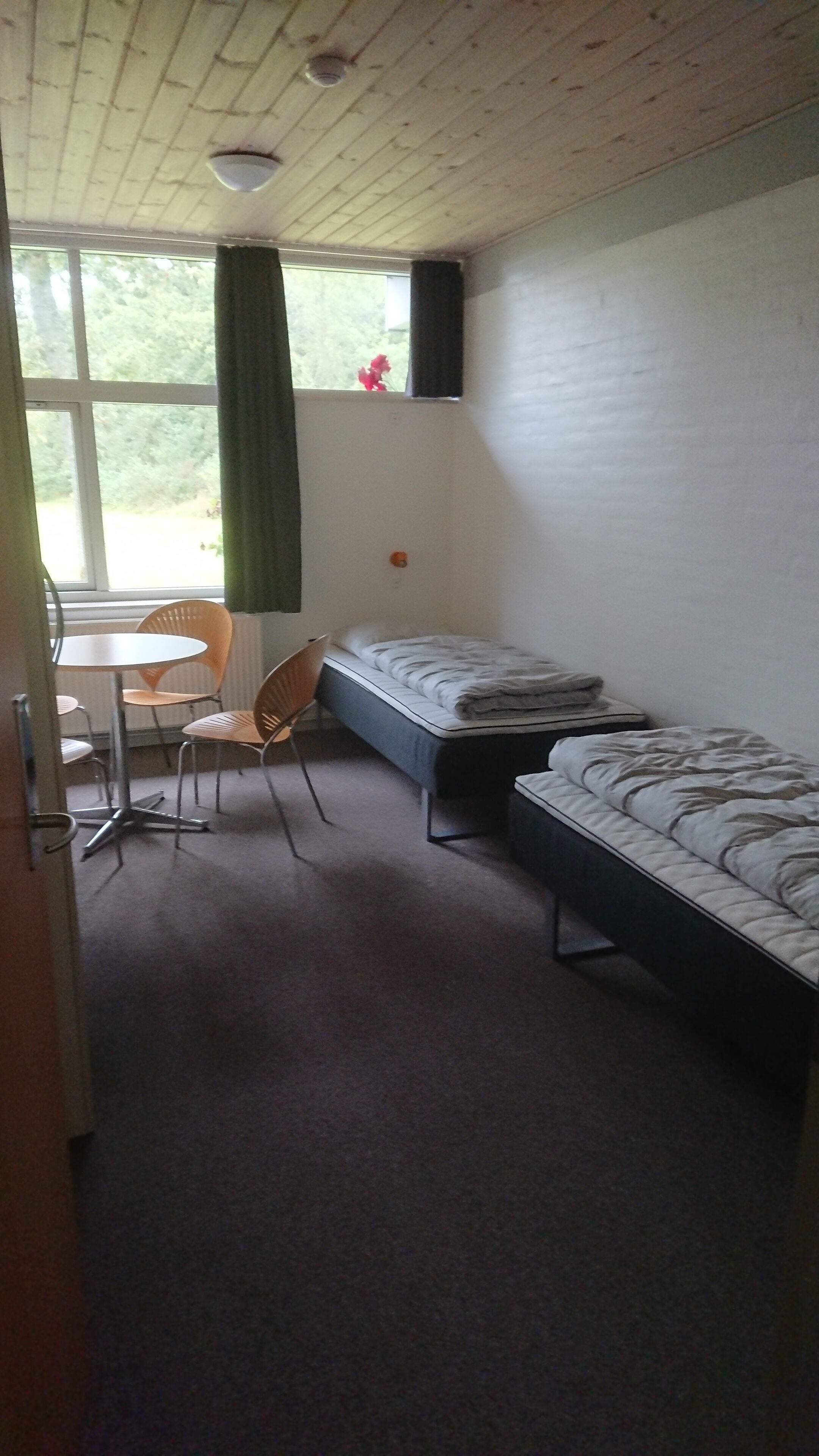 Una habitación con una cama individual, una mesita con sillas y una ventana con vistas a zonas verdes.