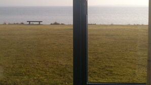 Vista a través de una ventana que muestra un área verde con un banco y una masa de agua al fondo.