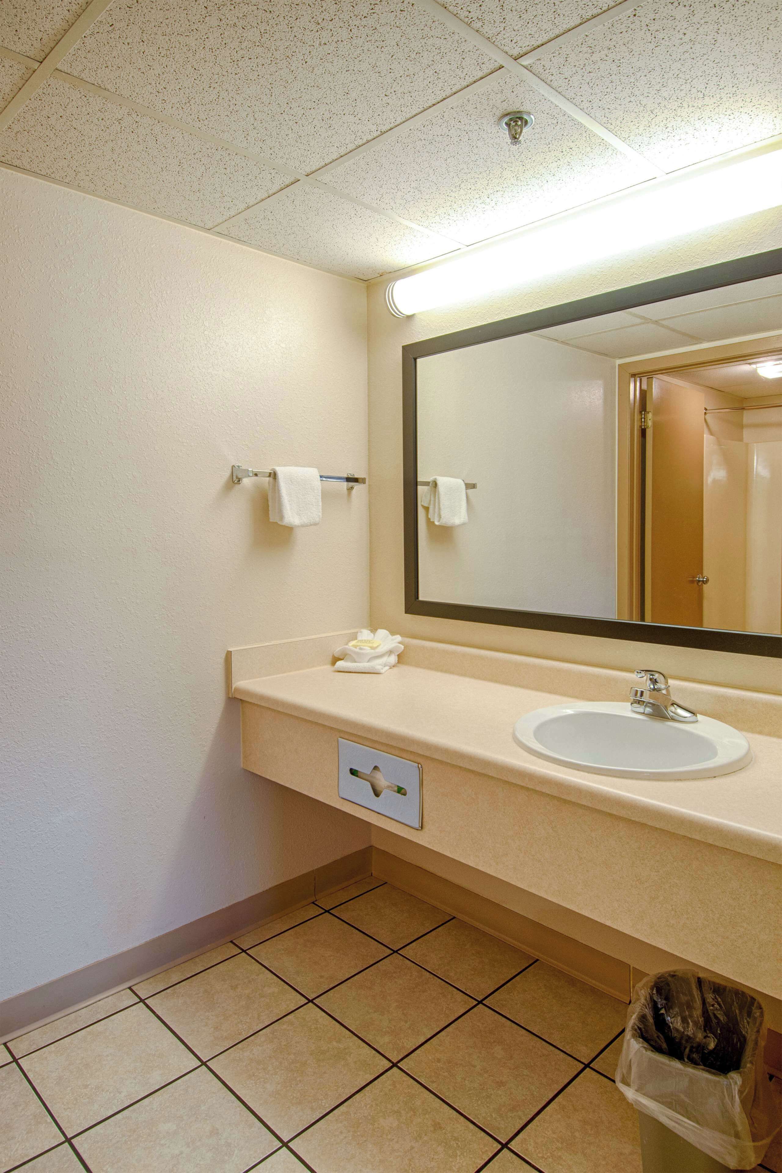 Une salle de bain d’hôtel avec un lavabo blanc, un grand miroir et une poubelle.