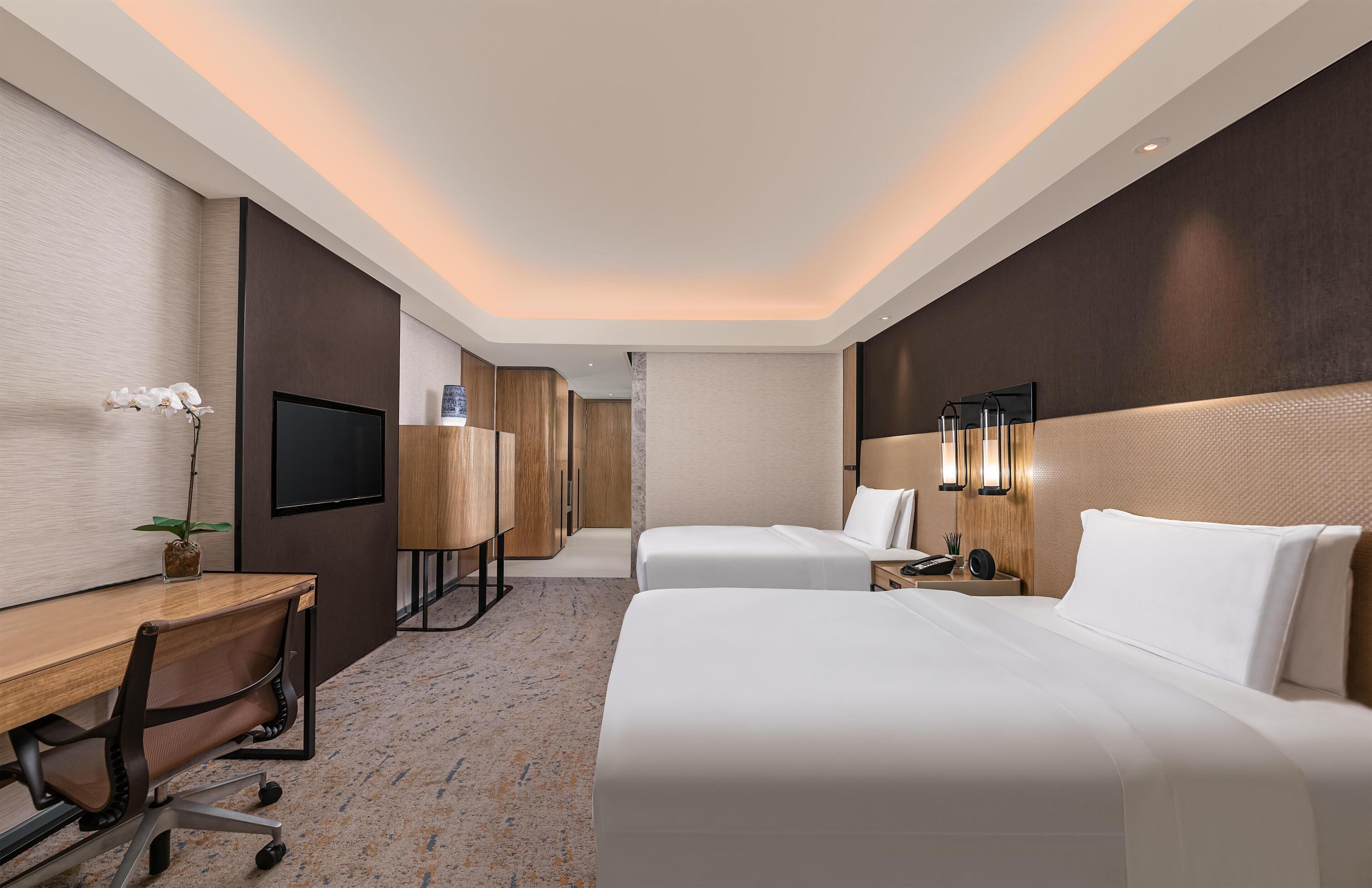 A hotel room with two beds, a desk, a TV, and a small plant.