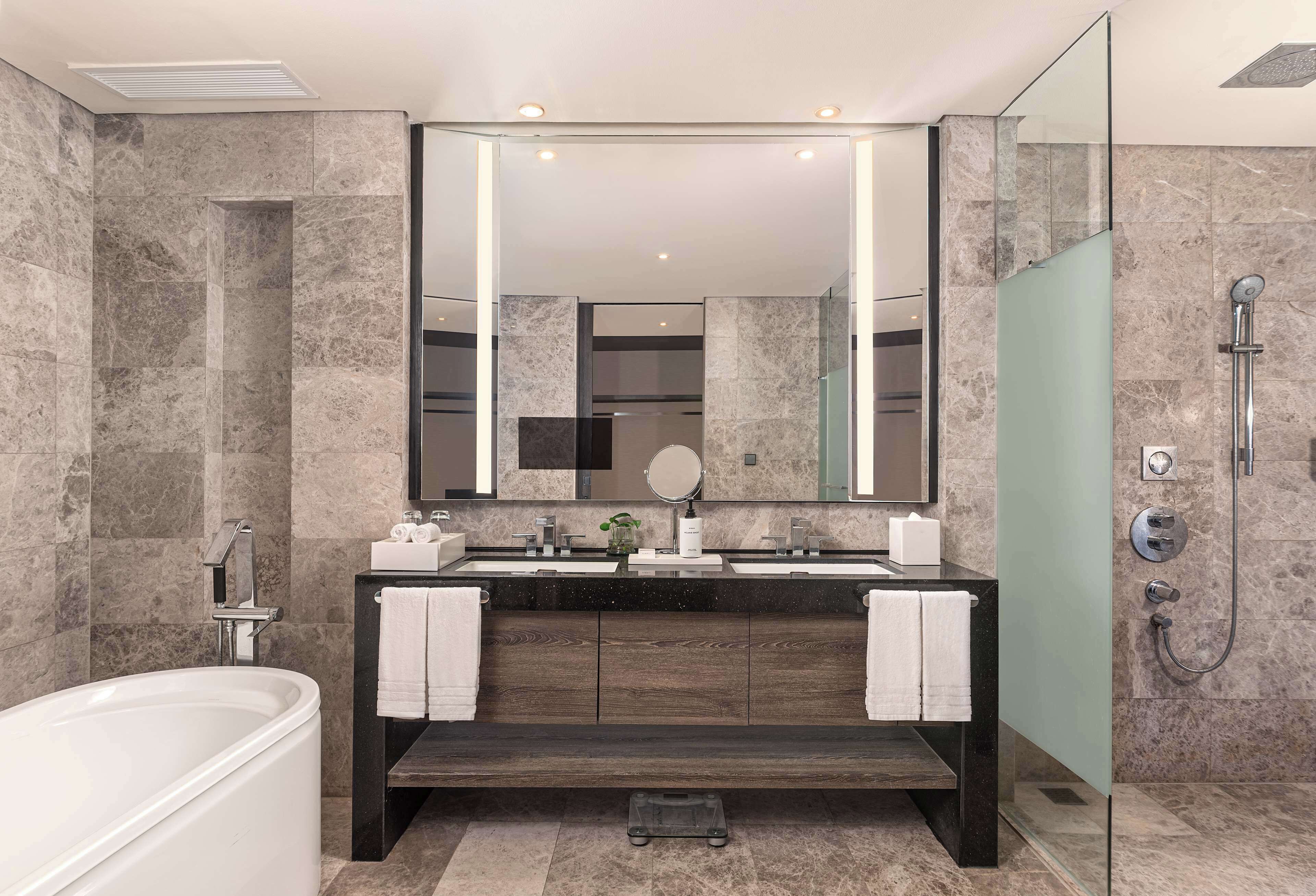 bay view king premier suite - lounge access | bathroom | shower, rainfall showerhead, free toiletries, bathrobes