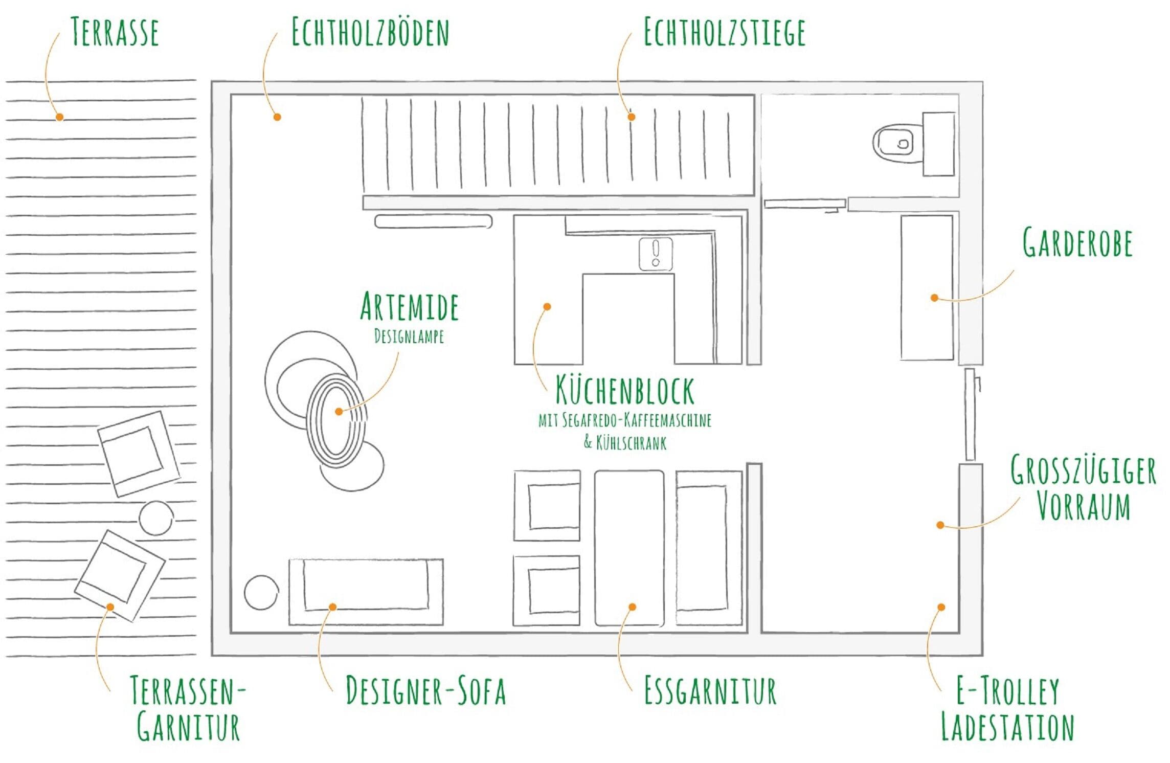 luxury apartment, 1 queen bed with sofa bed, kitchen | floor plan