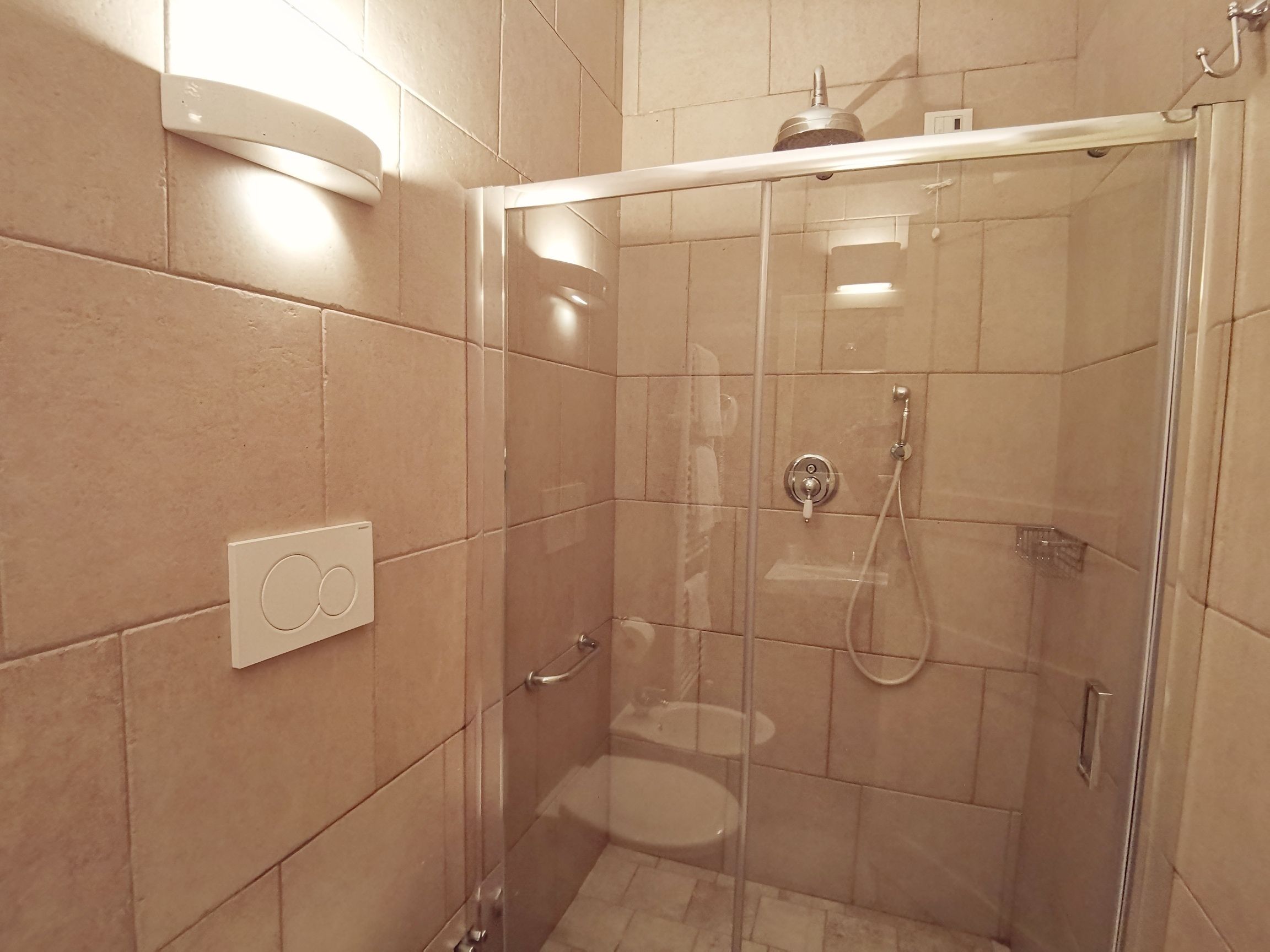 Eine moderne Dusche mit Glastür, Handbrause und einer fest montierten Bedienfeld.