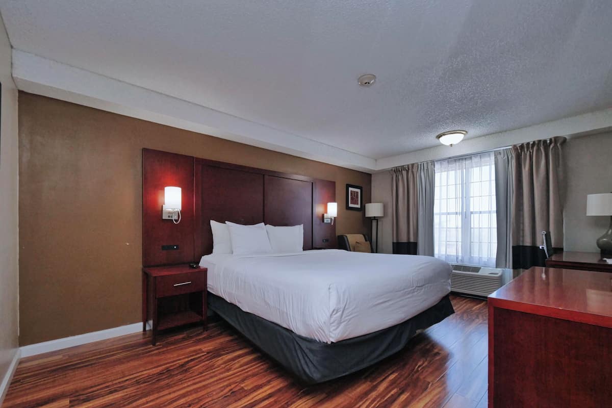 Habitación de hotel con una cama grande, suelo de madera, un escritorio, una silla, una lámpara y una ventana con cortinas.
