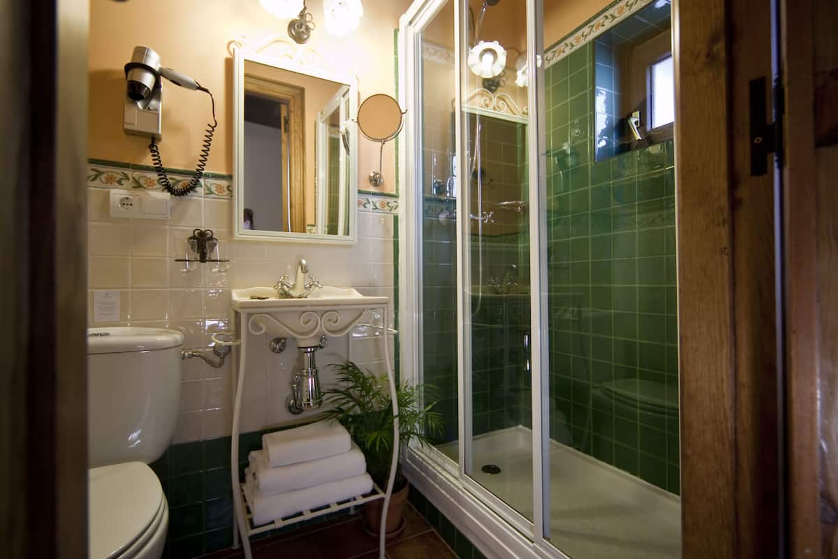 standard double room | bathroom | shower, free toiletries, hair dryer, towels