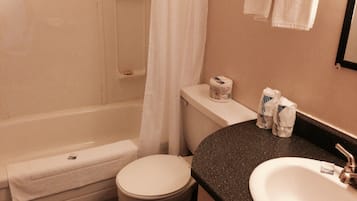 Standard Room (1 Queen and 1 Double Bed) | Bathroom | Combined shower/bathtub, hair dryer, towels