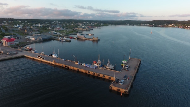 A harbor with boats docked, a pier, and buildings in the background. - Fortress Inn Louisbourg (Louisbourg)