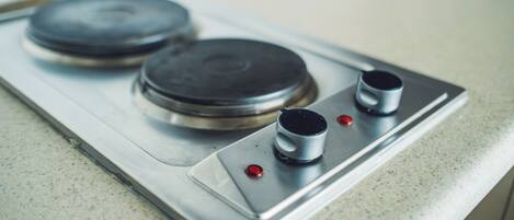 A kitchen with a stainless steel range hood and two burners.
