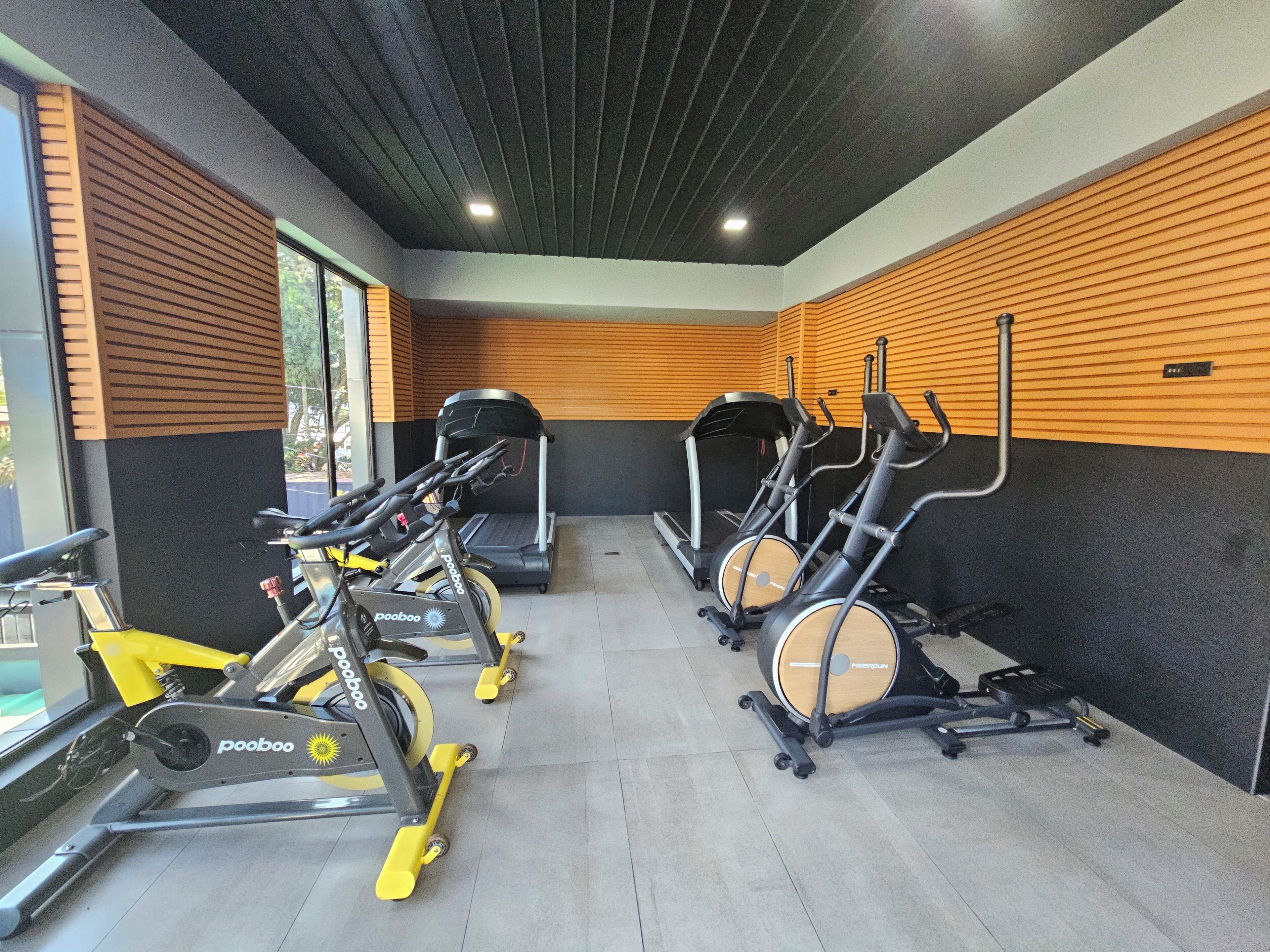 A gym with stationary bikes, treadmills, and a rowing machine.
