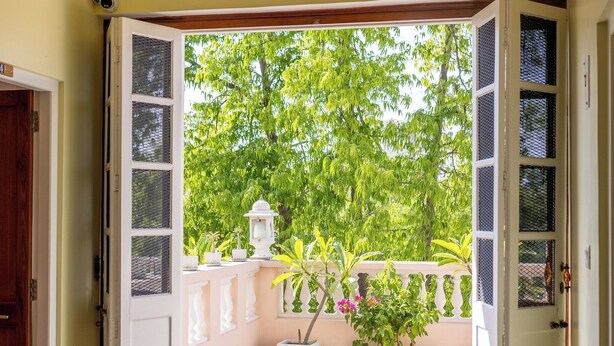 Een open doorgang naar een balkon met bloempotten en uitzicht op groen.