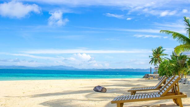 Una spiaggia con due lettini di legno e una panchina, una palma e un cielo azzurro limpido.