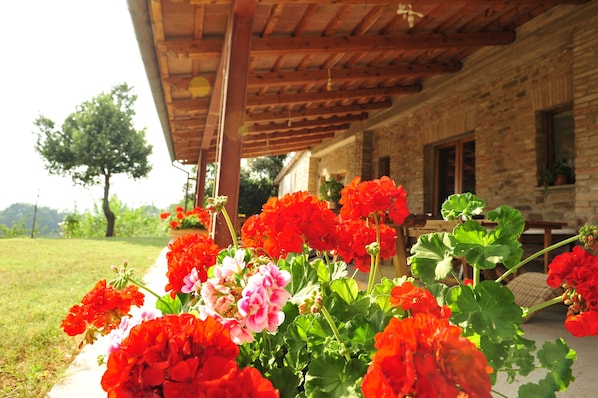 A stone building with a wooden pergola and a garden with red and pink flowers.