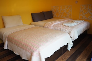 A room with two beds, each with a different style of bedding.