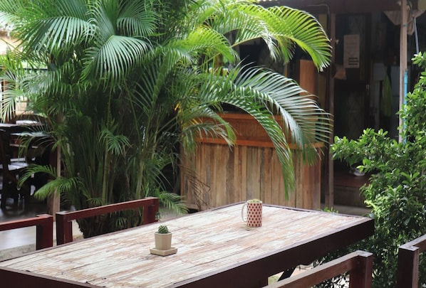 A wooden table with a potted plant and a polka-dotted mug. - Trekker Camp Chiang Mai - Hostel (Chiang Mai)