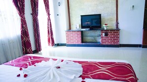 Una habitación de hotel con cama, televisión y chimenea.