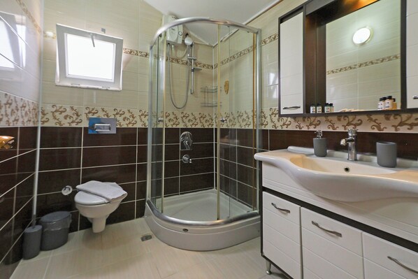 A bathroom with a glass-enclosed shower, a toilet, a sink, and a mirror.