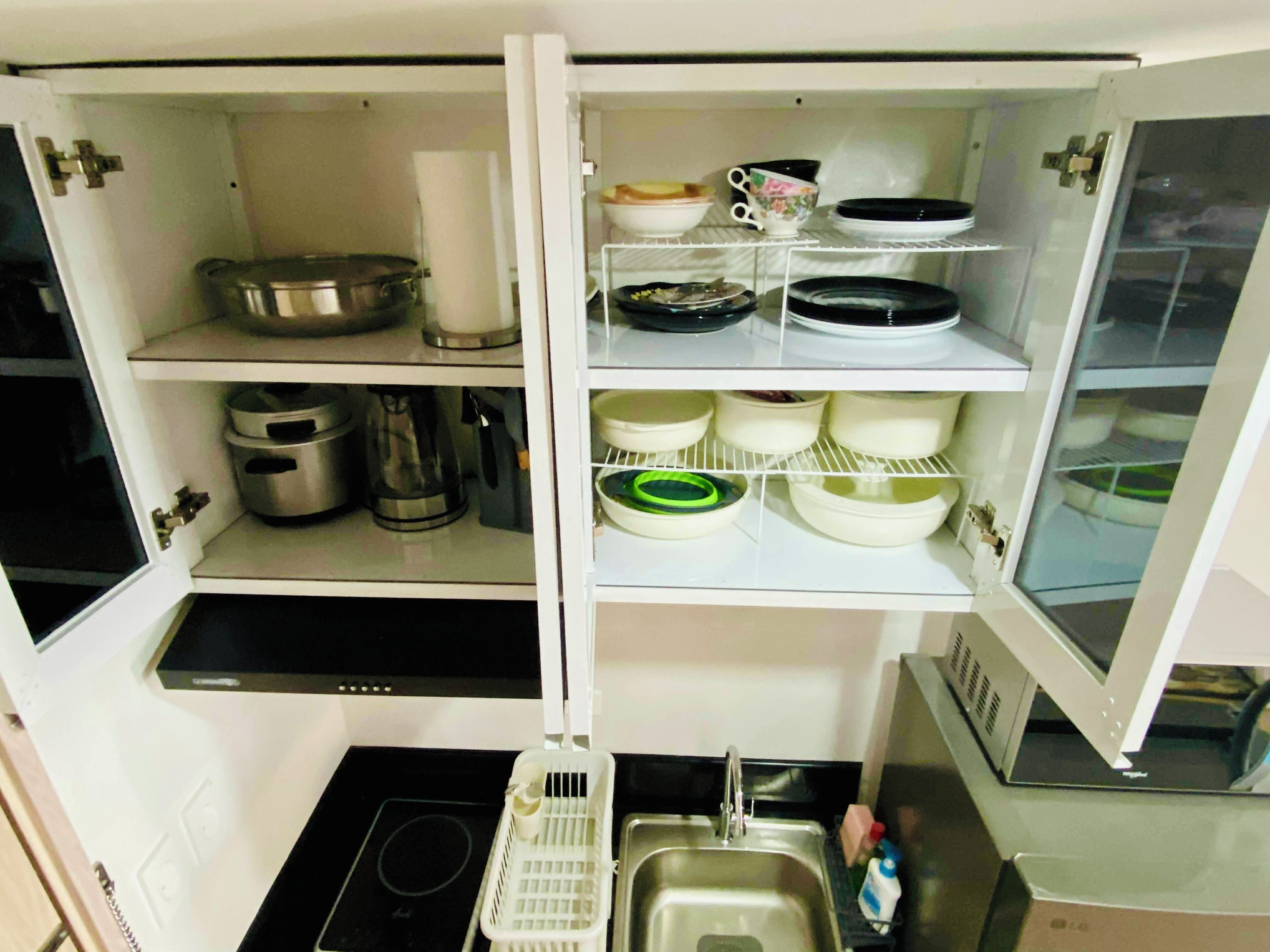 Fridge, microwave, electric kettle, cookware/dishes/utensils
