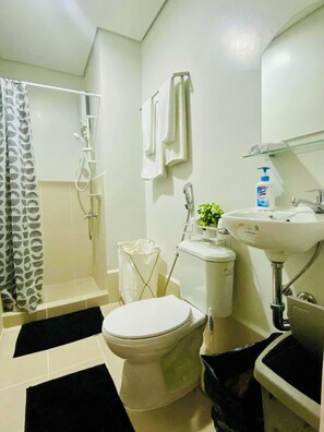 Shower, bidet, towels, soap