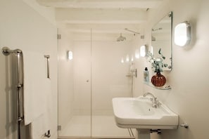 Shower, hair dryer, bidet, towels