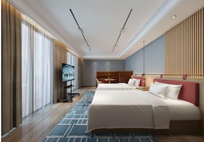 Desk, laptop workspace, blackout drapes, soundproofing