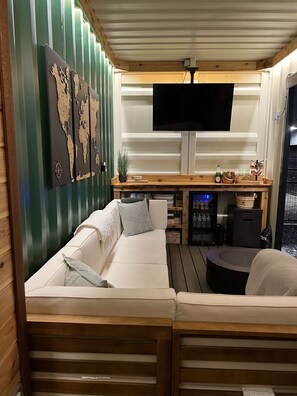 TV, fireplace, books