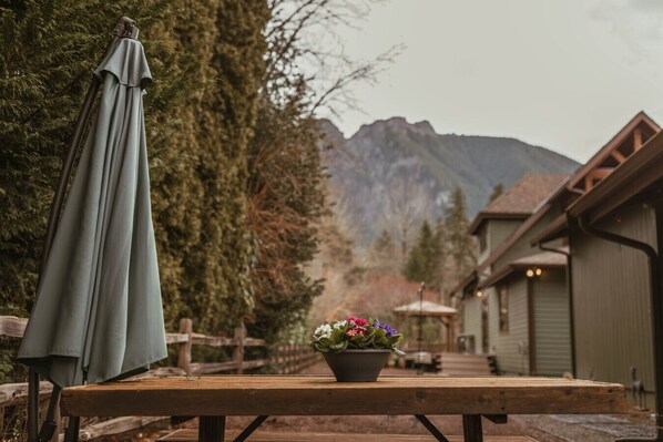 A wooden table with a potted plant in the center, a wooden fence, and a mountain in the background.