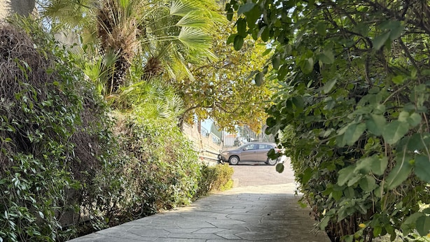 Un escalier en pierre menant à un bâtiment, entouré d’une végétation luxuriante et avec une voiture garée en arrière-plan.