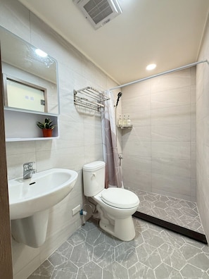 Shower, hair dryer, towels, soap