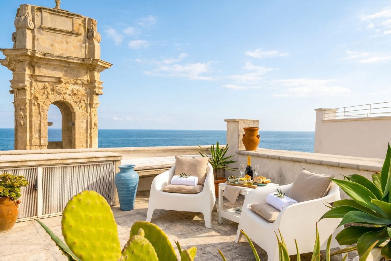 Eine Terrasse mit weißen Stühlen, einem Tisch mit Speisen und Getränken, einer großen Vase und einer Kakteepflanze.