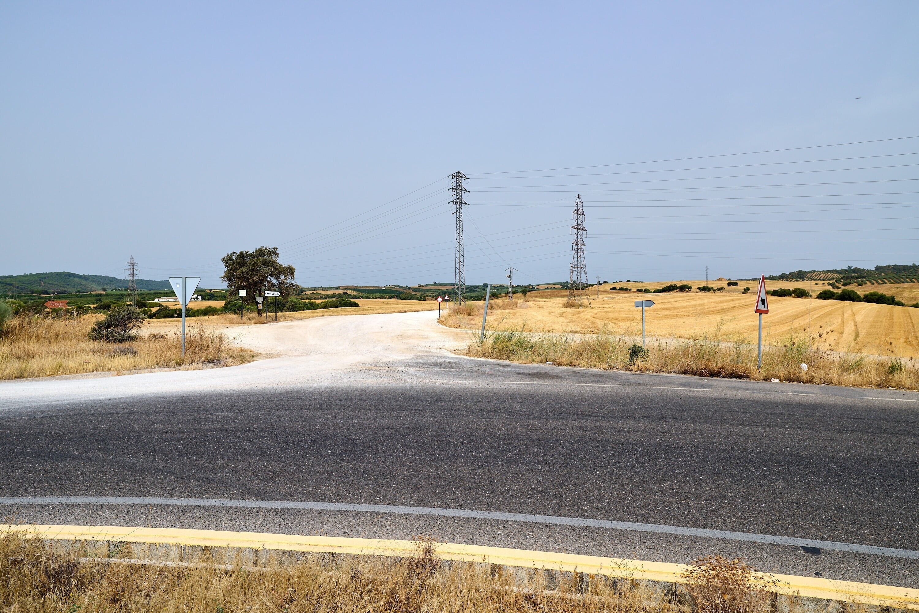 Un camino rural con una curva, líneas eléctricas y un cielo despejado.