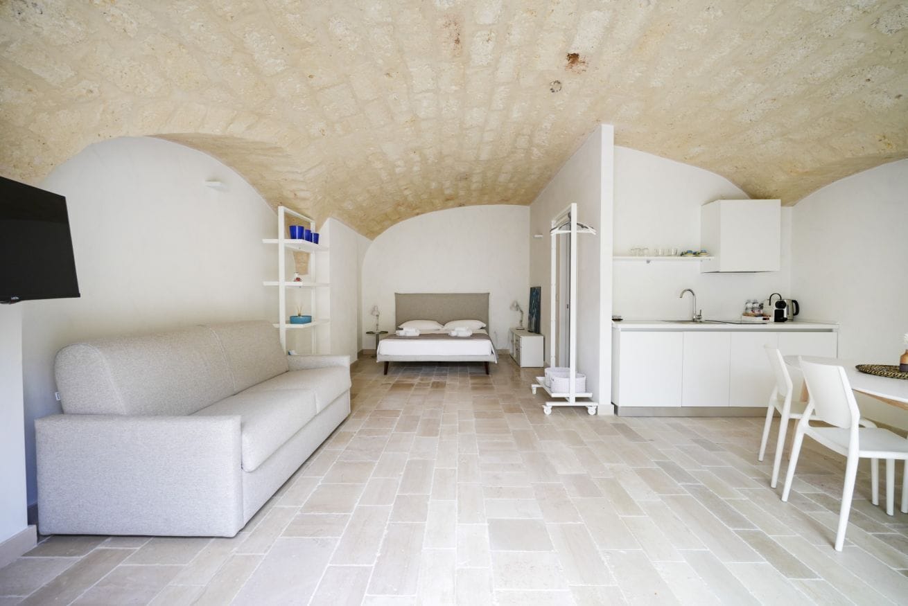 Una camera moderna e minimalista con un divano, un letto, angolo cottura e televisore a parete.
