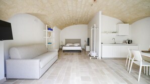A modern, minimalist room with a sofa, a bed, a kitchenette, and a TV mounted on the wall. - Palazzo della Torre 003 - Historical modern stay (Bari)