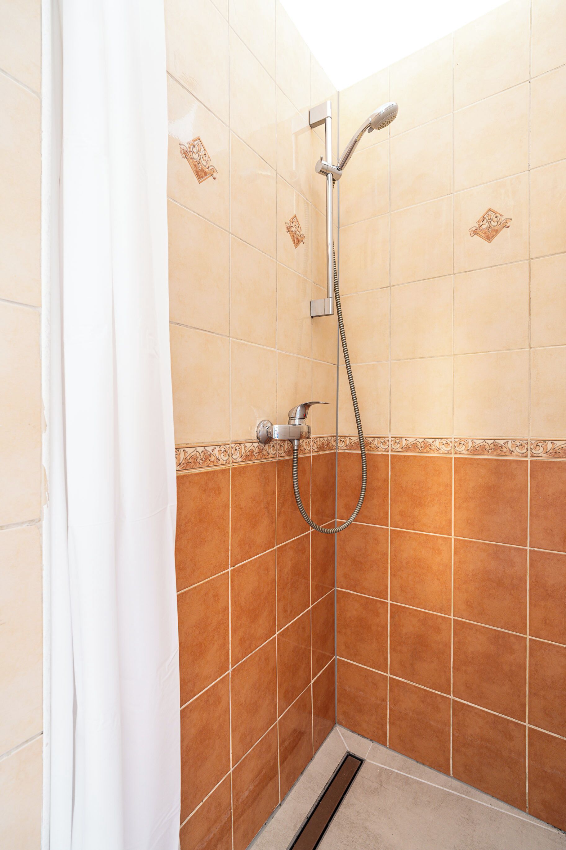 Eine Dusche mit Handbrause und Wandarmatur.