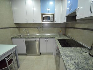 Fridge, microwave, coffee/tea maker, toaster