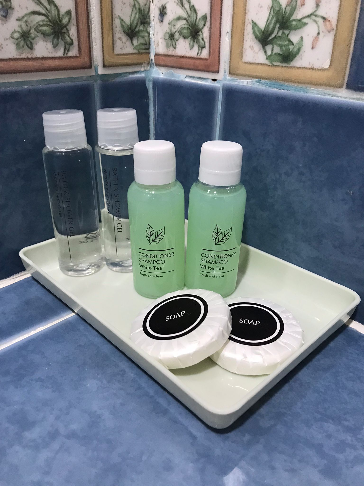 Een badkamerplank met flesjes conditioner, shampoo en douche- en badgel, plus twee zeepjes.