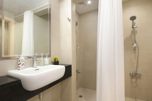 Shower, hair dryer, bidet, towels