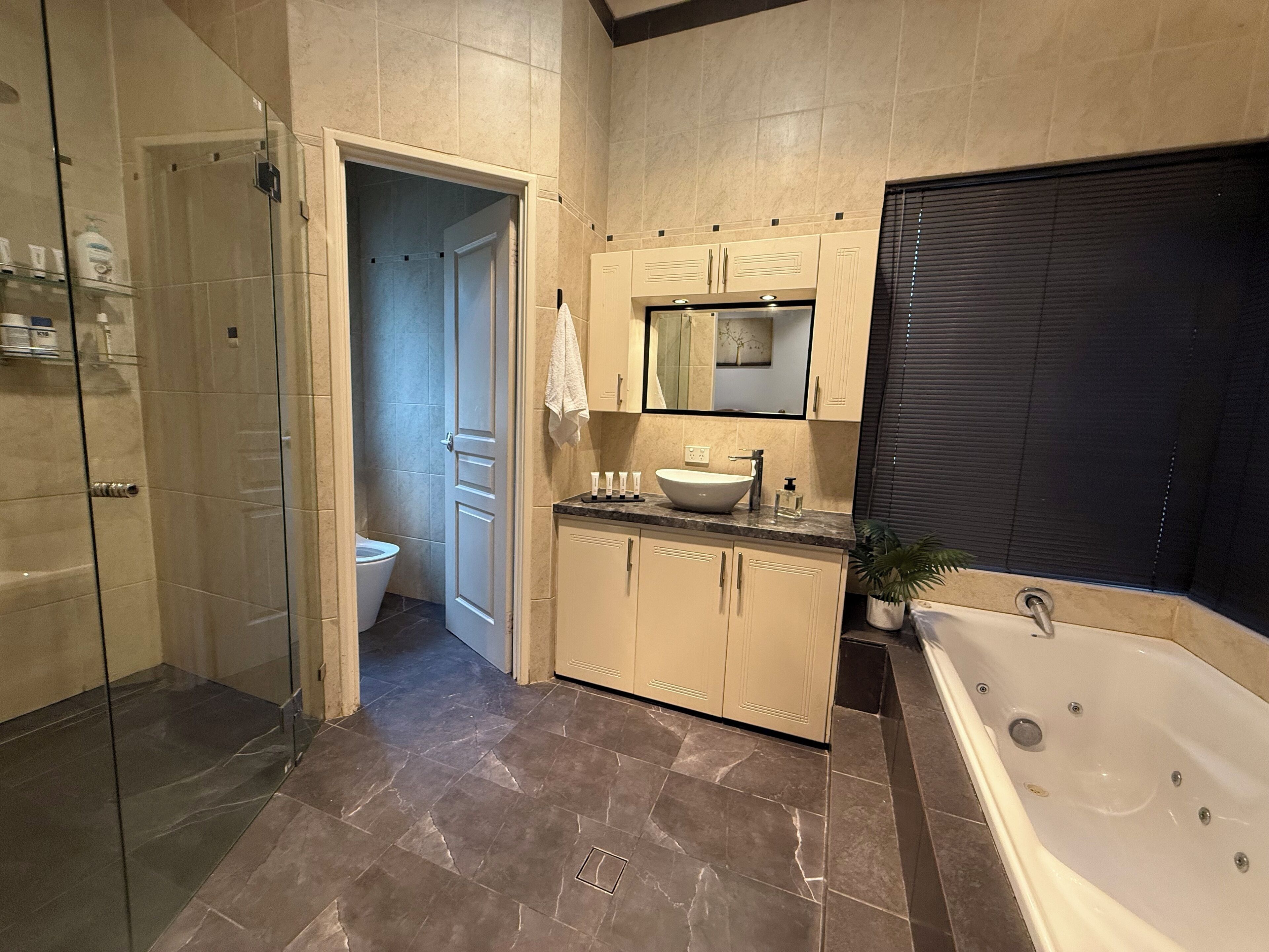 Jetted bath, towels, soap, toilet paper