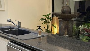 A kitchen with a double sink, a dish soap dispenser, a stone water feature, and a dish drying rack. - Waterlink Retreat - canal views with easy access to both the canal and the river (South Yunderup)
